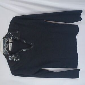 Victoria Jones Black V-Neck Sequin Collar sweater, Sz M, 20" PTP